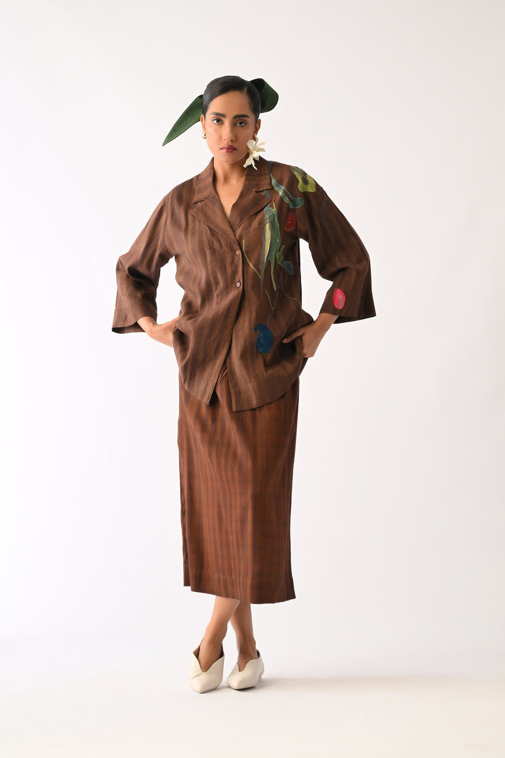 Brown Psyflora Appliqué Shirt Set