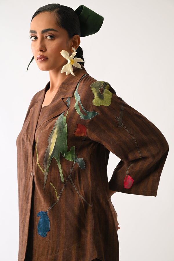 Brown Psyflora Appliqué Shirt