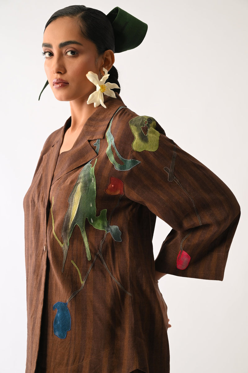 Brown Psyflora Appliqué Shirt